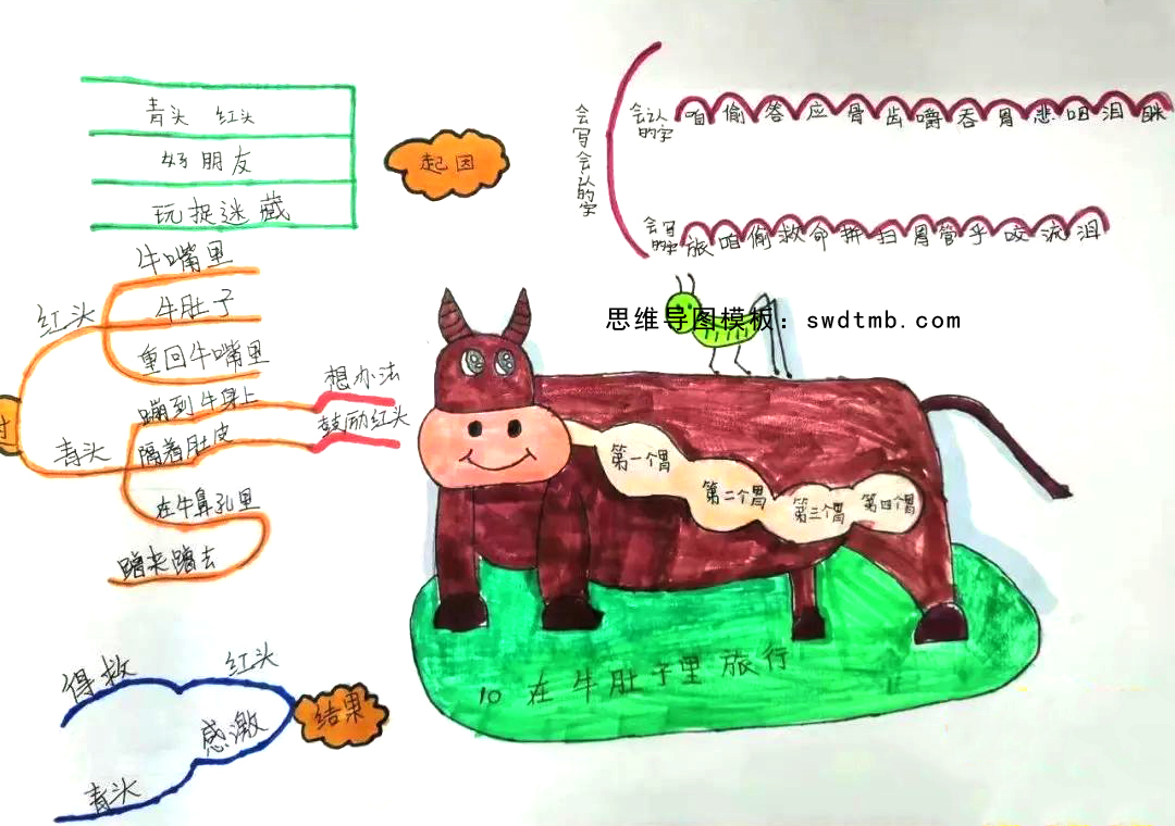 简单漂亮的三年级童话故事思维导图在牛肚子里旅行
